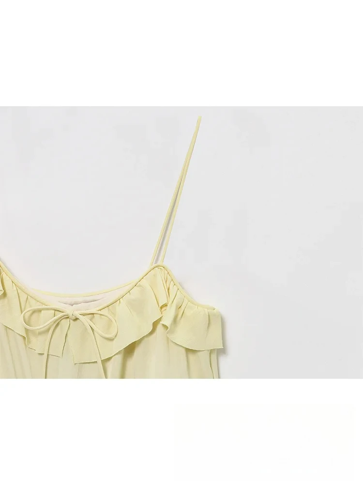 KONDALA Casual Chic Sweet Women Yellow Cami Dress Bow Tierred Solid Mini Vestidos New Fashion 2025 Spring Summer Holiday Dress