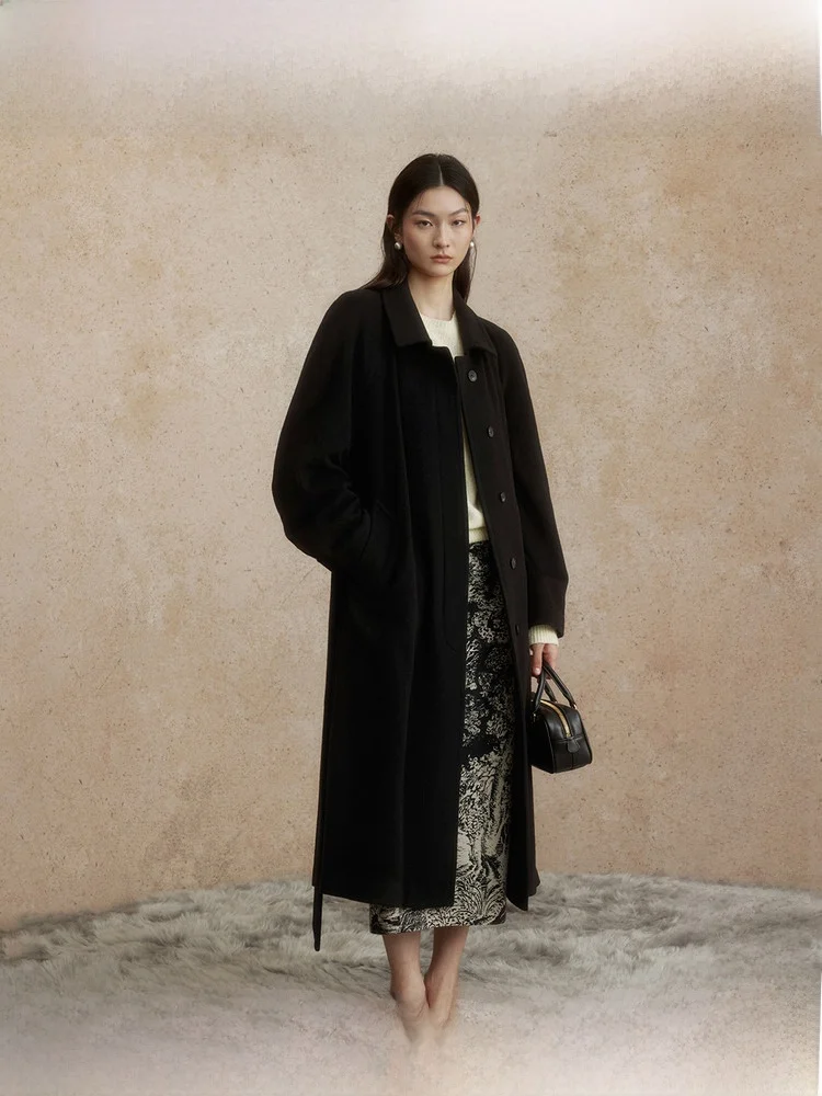 

Bla Woolen Coat Loose Fit Retro Hepburn Sle Women's Outerwear Winter Comfortable Feel Embroidered Eagle Design Casual Chic