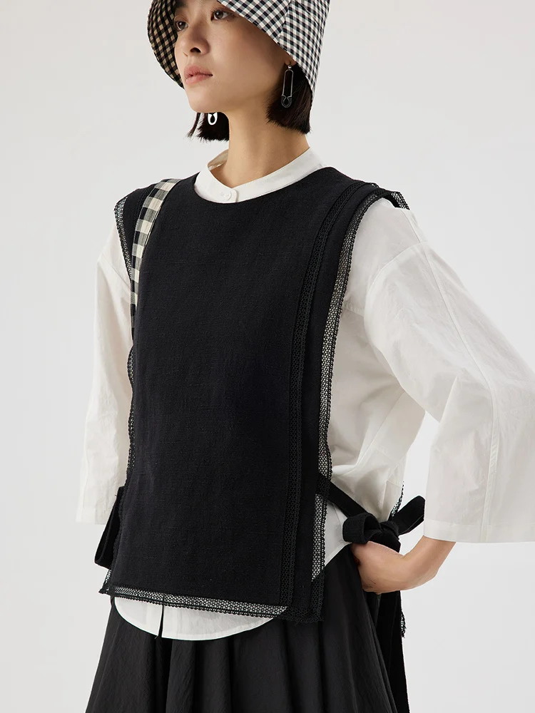 

Women's Linen Blend Oversized Vest Top with Lace Inserts Belted Design Spring Summer Versatile Outerwear Layering irt