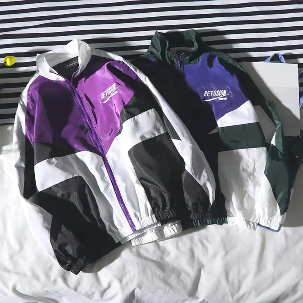 Korean Style  Stylish Letters Relaxed Fit Windbreaker Outwear Sports Jacket Color Block   for Party