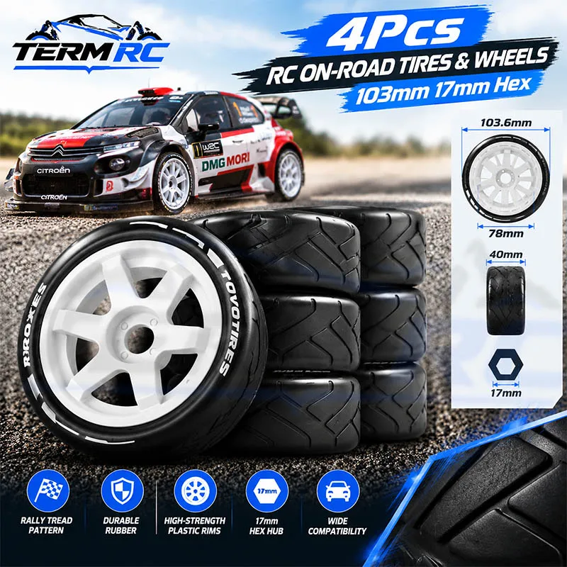 4Pcs 1/7 RC On-Road Tires & Wheels 103mm 17mm Hex Need Glue for KM 7303 7304 Citroen C3
