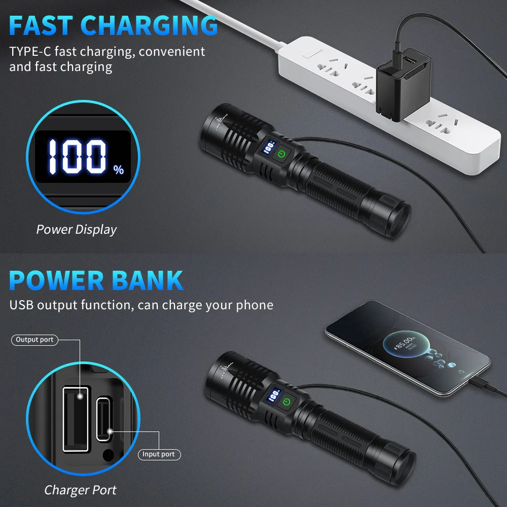 1600000   LM مصباح يدوي فائق السطوع USB قابل لإعادة الشحن LED طويل المدى الشعلة التكتيكية في الهواء الطلق مقاوم للماء التخييم الصيد فانوس
