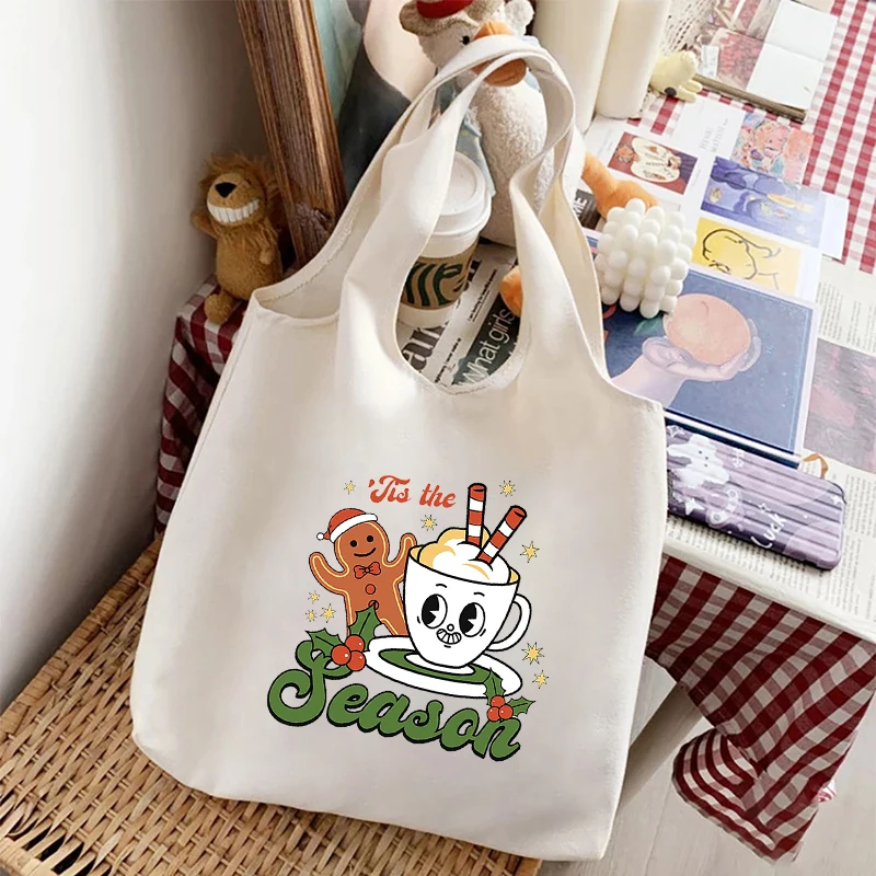 Santa Joy Christmas Canvas Shoulder Bag Large Capacity Travel Tote Bag Multipurpose Handbag Eco-friendly Shopping Bags Xmas Gift