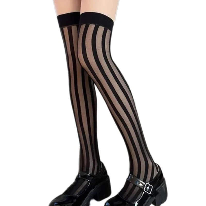 Dark Gothic Women Black Silky Vertical Striped Thigh High Stockings Sheer Socks