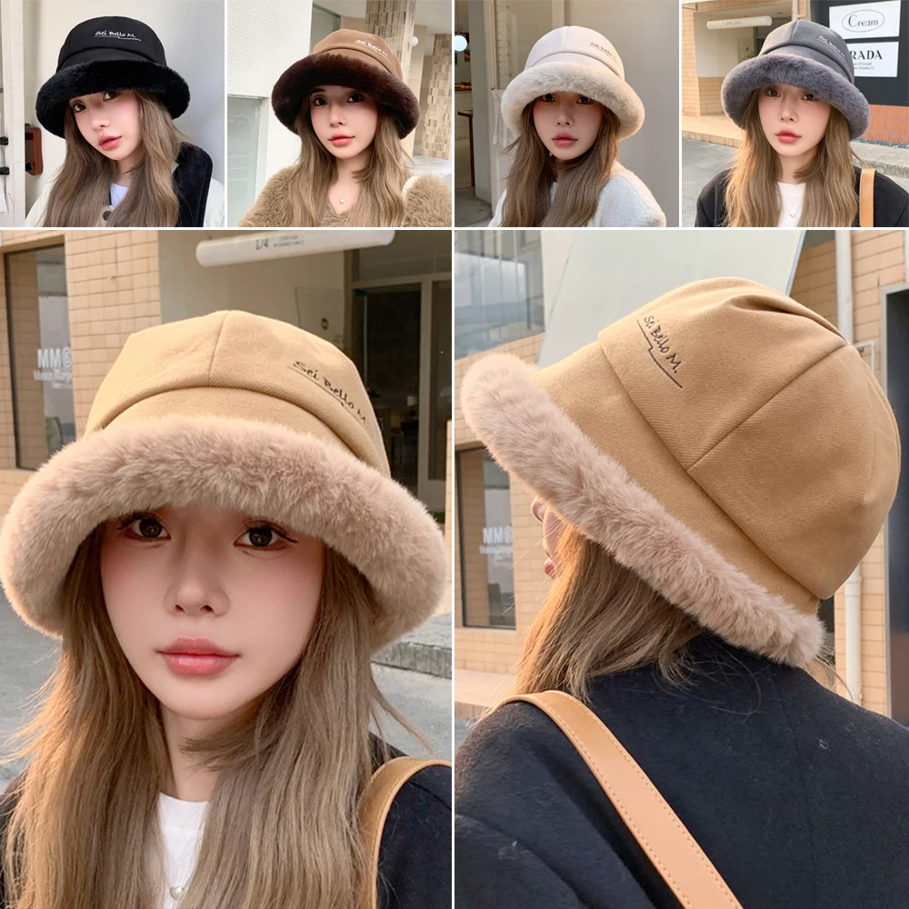 New Fashion Fluffy Fur Bucket Hat Thickened Windproof Basin Hat Ear Protection Plush Beanie Cap Chrismas Gifts