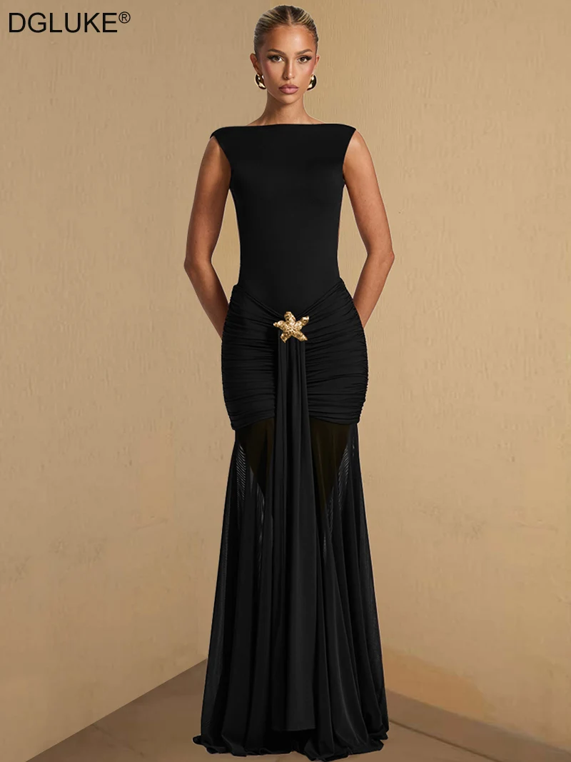

DGLUKE Boat Neck Backless Maxi Dress Woman Metal Applique Mesh Patchwork Long Dress Elegant Black Mermaid Evening Dresses