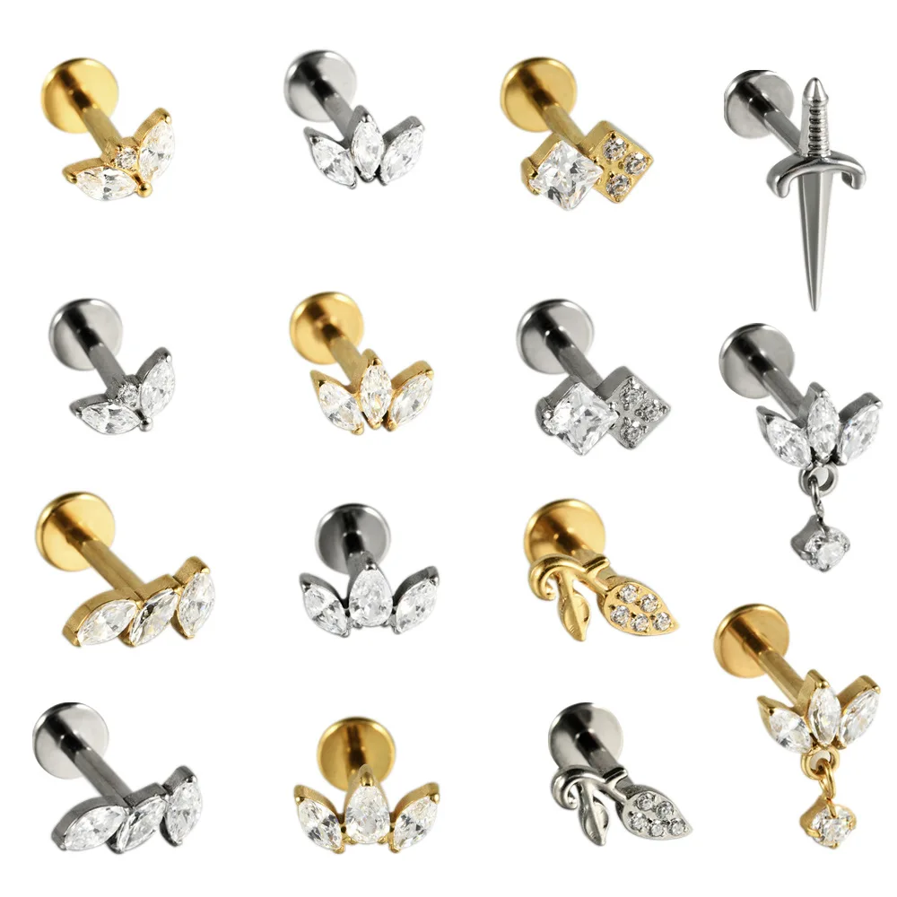 1PC ASTM F136 G23 Titanium Labret Ear Stud Piercing Flower Horse Eyes Zircon Internal Thread Lip Stud Helix Conch Daith Jewelry