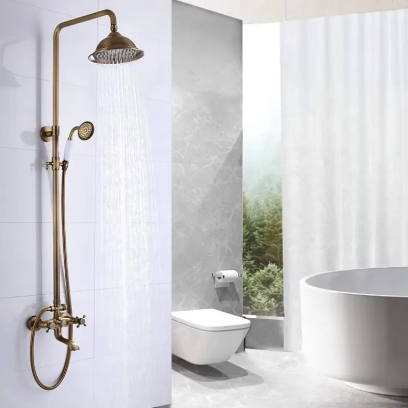 Antique Vintage Wall Mount Shower Mixer Set Dual Control Cold Hot Bath Sprayer Solid Brass Bathroom Tub Hardware Fitting