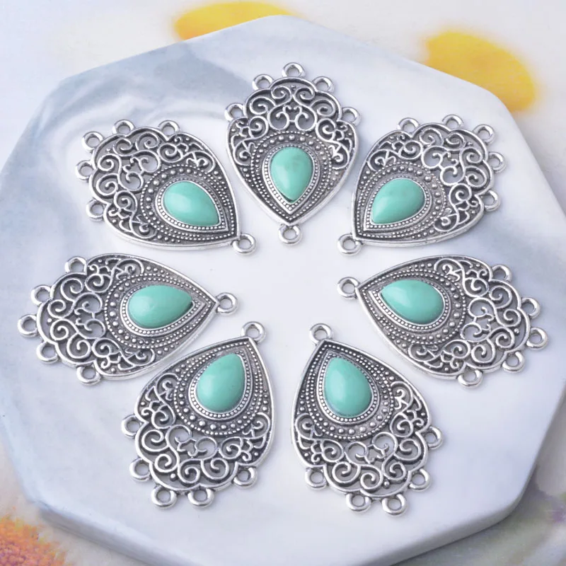 10 unids/lote de conectores de dijes plateados antiguos étnicos, accesorios de joyería, pendientes largos redondos de flores ovalados bohemios Peadant DIY para mujer