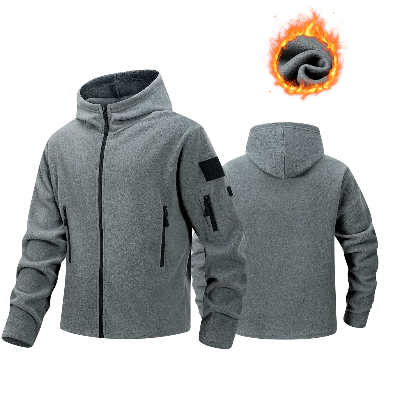 Men Full Zip Fleece Hoodie Jacket Tactical Multi Zipper Pockets Arm Patch Winter Outdoor Casual Hooded Coat