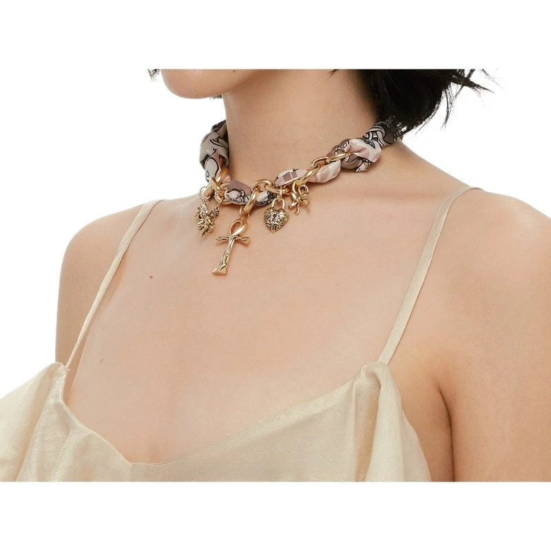 Original Anka Cross Silk Scarf Necklace, Key of Life Series Retro Gothic Middle Aged Gold Necklaces