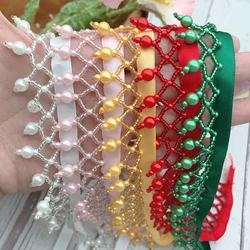 3.5cm Wide Pearl Beads Beaded Fringe, gold, green, pink, white, black, cream, red beaded fringe