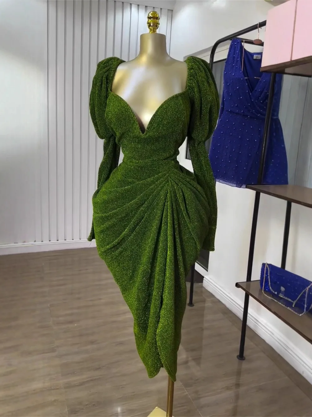 

Women Long Sleeve Green Pleated Bodycon Midi Dress Birthday Celebrate Party Cocktail Plus Size Dresses Club Vestido