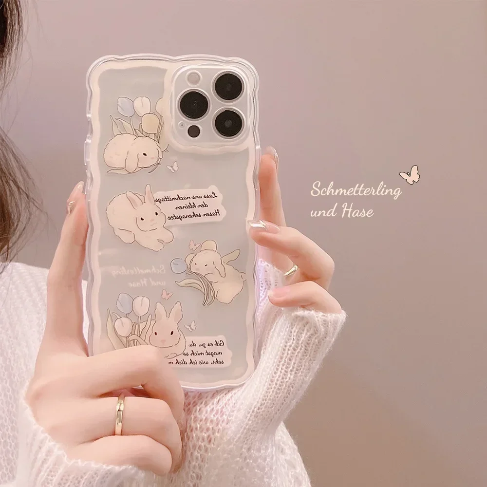 Retro flower bush bunny rabbit transparent Phone Case for iPhone 16 15 14 13 11 12 Pro Max 14 Plus Xr Xs 15 Plus Case Cute Cover