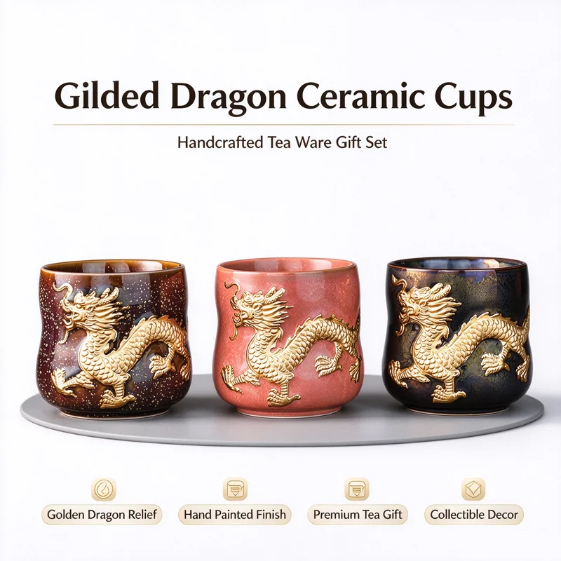 Limited 888 PCS Collectible Gilded Dragon Ceramic Teacup 3D Relief Handmade Kungfu Tea Cup Home Decor Ornament Luxury Gift