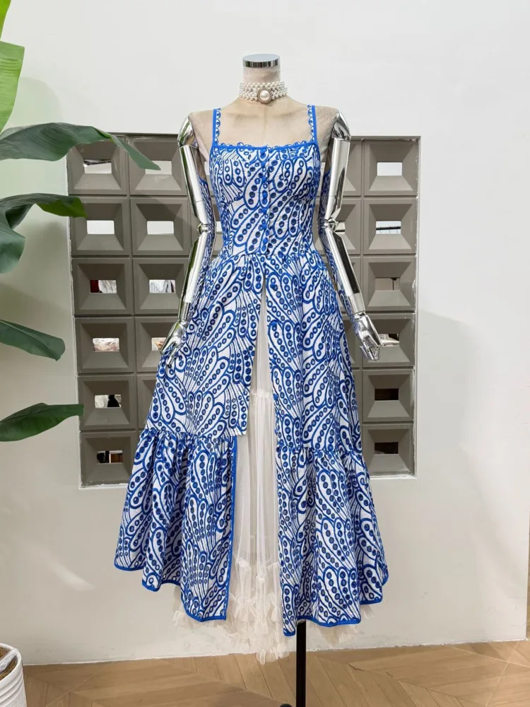 

DFDG Women 2026 Spring Summer Printed Spaghetti Strap Midi Dress Lace Trim Tiered Hem Flowy Elegant Party Cocktail Dress