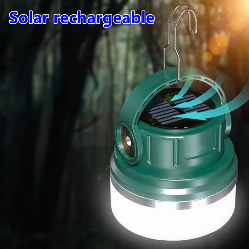 

Наружная палатка с солнечной зарядкой, сильный свет с портативным фонарем для кемпинга, освещение для обслуживания, светодиодный фонарик, походная лампа, парковый крючок