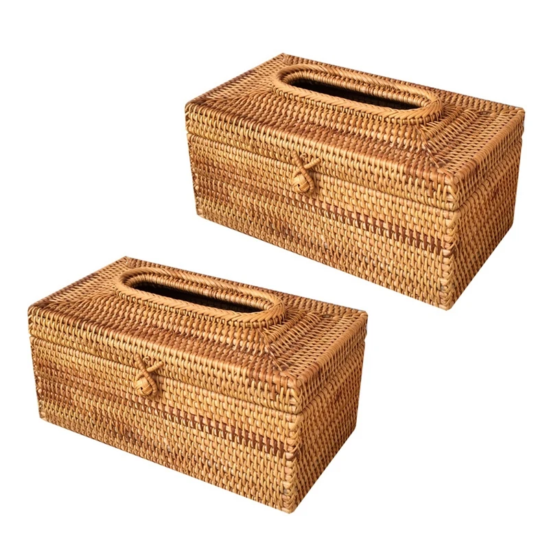 2X Paper Rack Rattan Tissue Box Elegant Home Decoration Handmade Desktop Tissue Container Napkin Storage Case