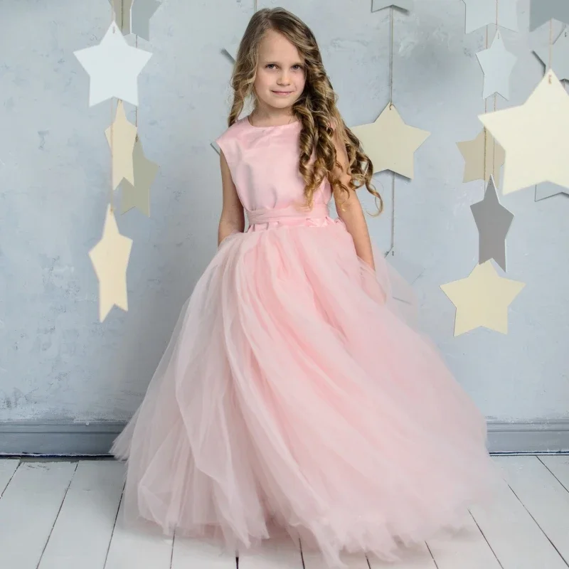 Flower Girl Dresses Pink Simple Tulle Puffy Heart Shaped Hollow Back With Bow Belt Sleeveless For Wedding Birthday Communion