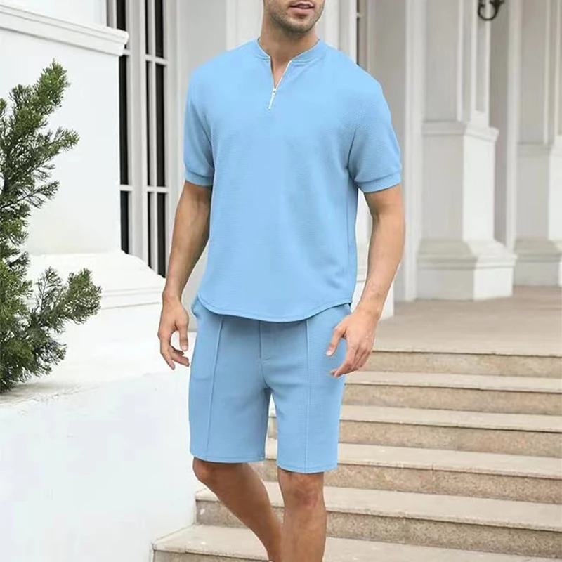 

Vintage Zipper V Neck T Shirt Mens Two Piece Sets Summer Casual Short Sleeve Top And Shorts Suits Men Fashion Solid Color Outfit