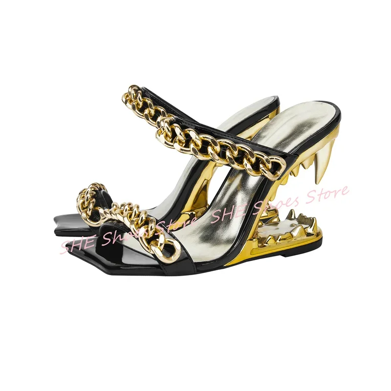 

Fashion Design Tiger Teeth High Heel Women Sandals Square Toe Metal One-Strap Ootwear Dress Shoes Ladies Slingabck Pumps