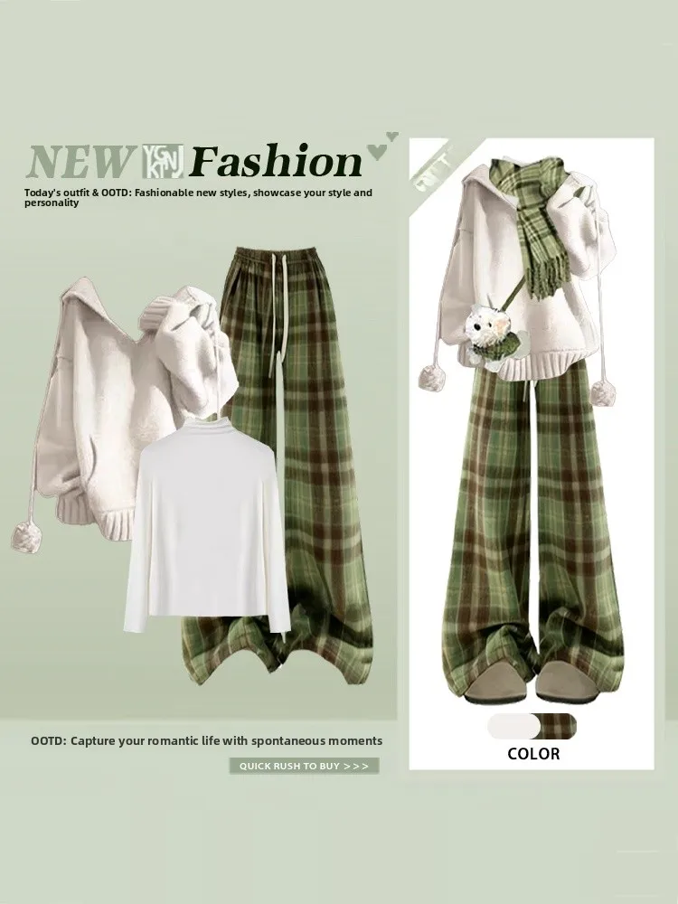 Spring Vintage Hooded Knitted Sweatirt Base irt een Plaid Casual Wide Leg Pants Two Piece Set Forest System White Aos...