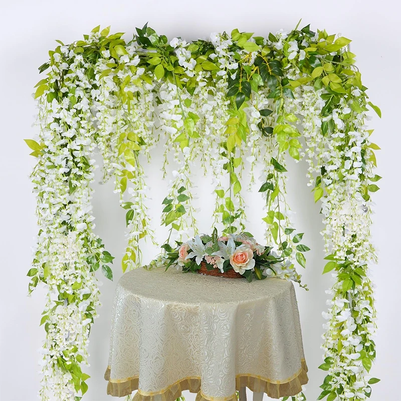 1.8M White Silk Wisteria Artificial Flowers Vine Garland Plants for Room Wedding Arch Decoration Fake Plant  Flower Wall Decor