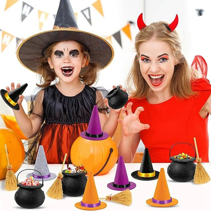 Imagem -03 - Mini Witch Halloween Chapéus Feltro Garrafa de Vinho Decoração do Partido Fácil de Usar Cores 23 Pcs