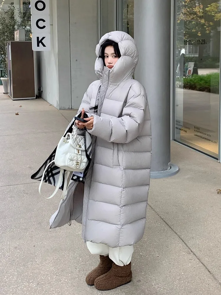 Winter Neue Daunenjacke Frauen Cloud Puff Pod Verdickte Warme Mit Kapuze Weiße Ente Daunenjacke Lange Knielange Lose Pufferjacke