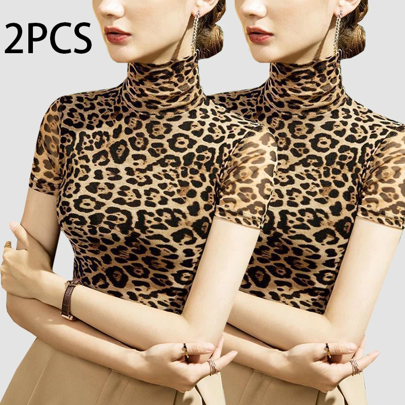 

2pcs Women Autumn Ultrathin Leopard Print High Collar Mesh Short Sleeve Tops Lady Thermal Underwear Slim Fit Fashion Top