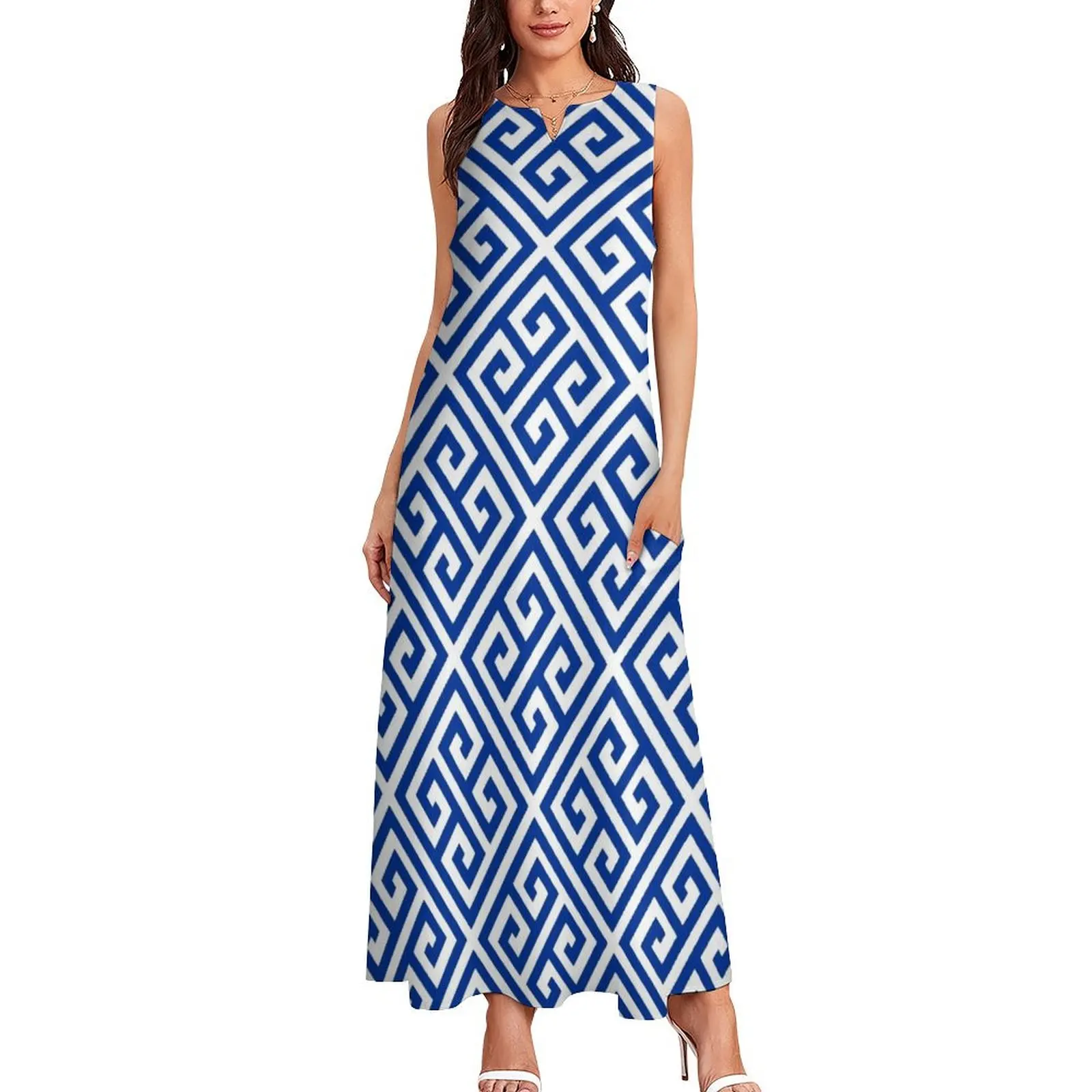 Meandros - Greek meander white and blue design. Long Dress clothes for woman women dress loose women's dress