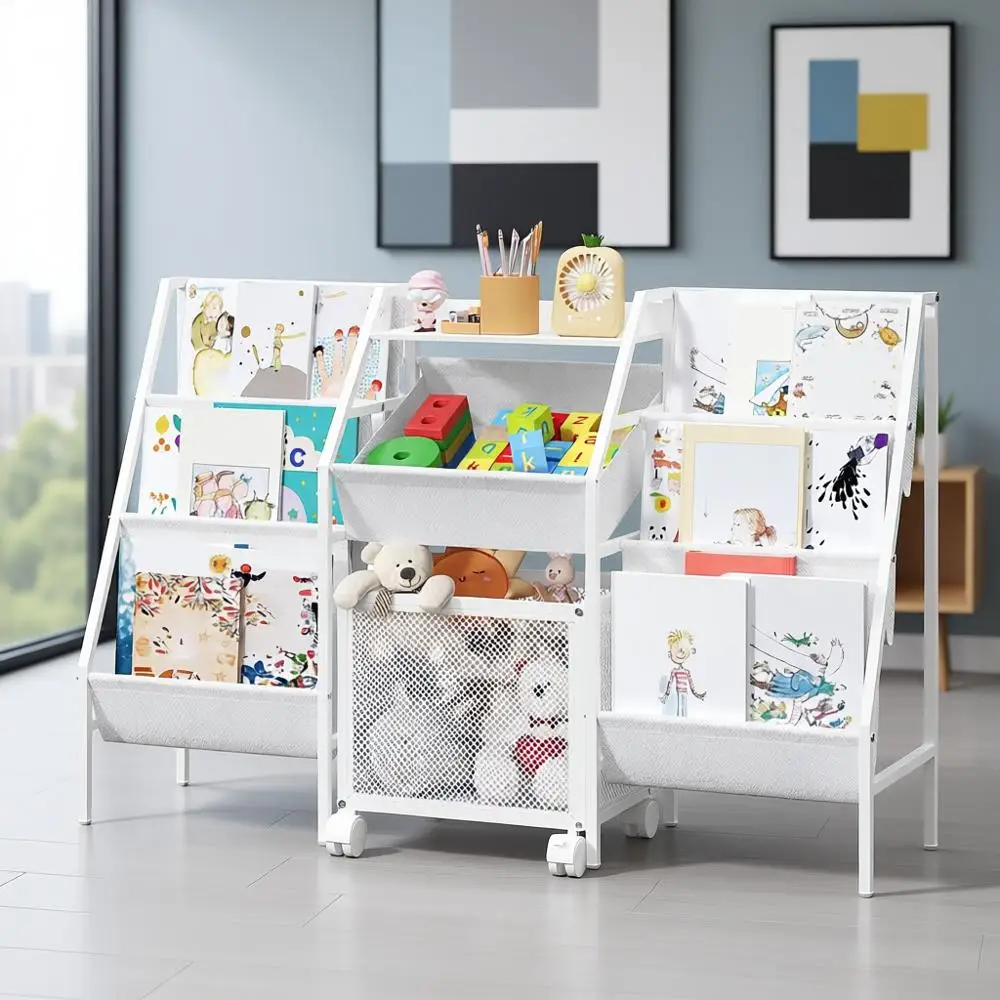

3-уровневый книжный шкаф для малышей с ящиком для игрушек на колесиках, большая книжная полка для детской комнаты, спальни, классной комнаты, игровой комнаты, белый