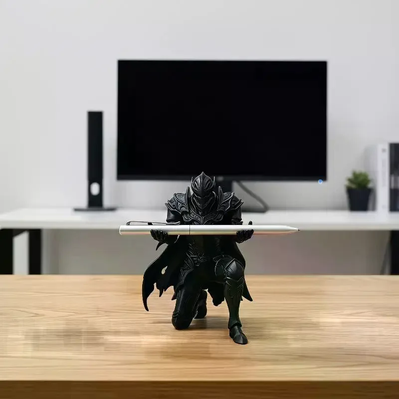 3D Printed Kneeling Knight Pen Holder Dark Fantasy Medieval Warrior Statue Desktop Organizer Plastic Stand Home Office Decor