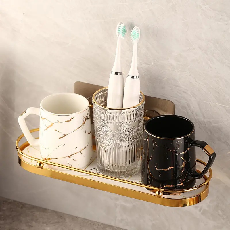 Bathroom Golden Hole-free Bathroom Rack Wall-mounted Toilet Washstand Mouthwash Cup Wall Storage Rack Accessories Shelf