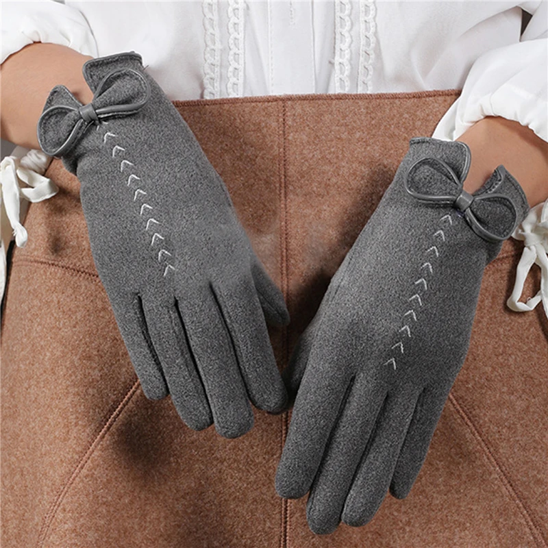 Female Cute Bow Embroidery Thin Plus Velvet Touch Screen Driving Mittens Winter Women Outdoor Cashmere Warm Cycling Gloves