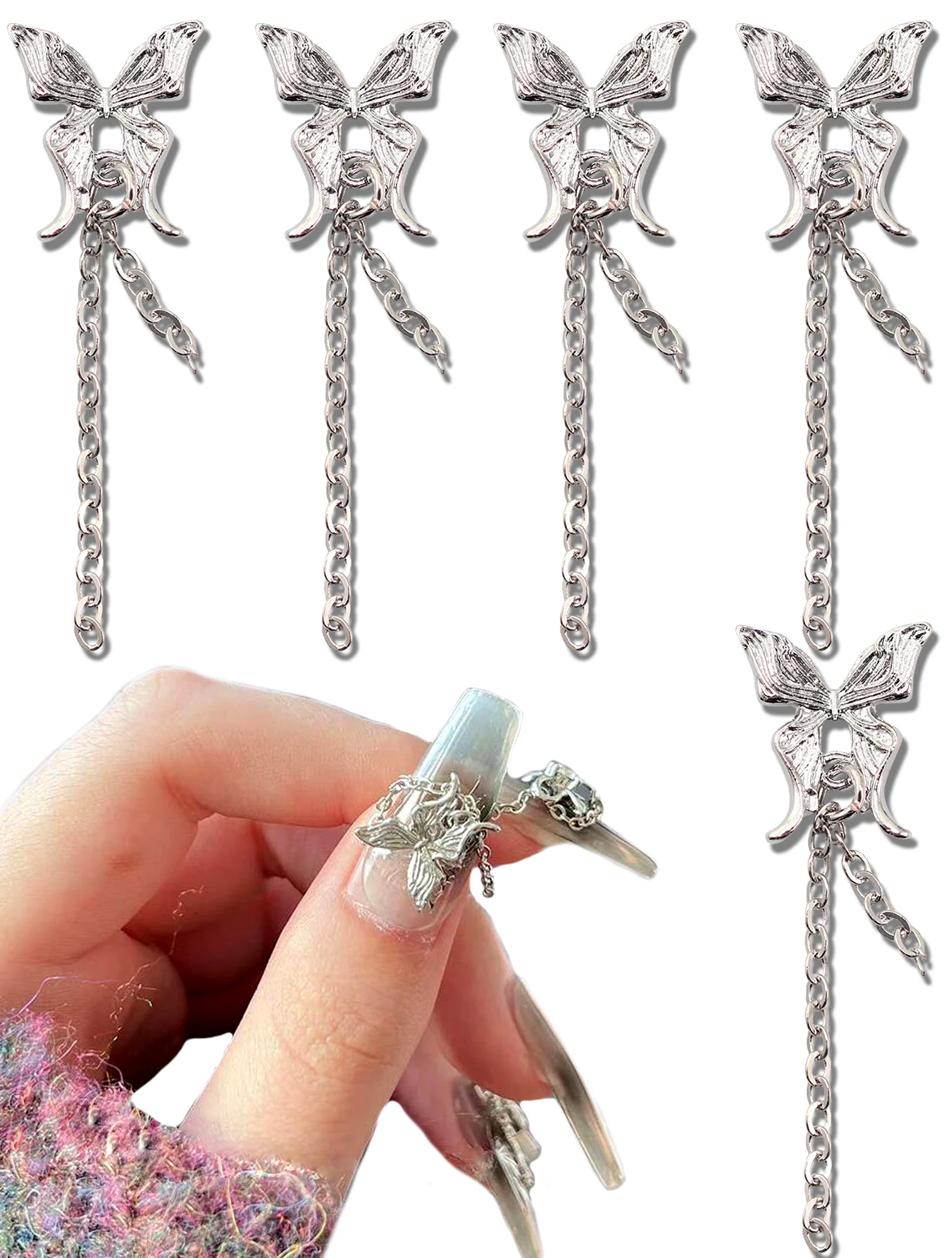 10pcs nail art accessories Y2K luxury delicate style butterfly chain flow pendant nail gem DIY nail salon exclusive