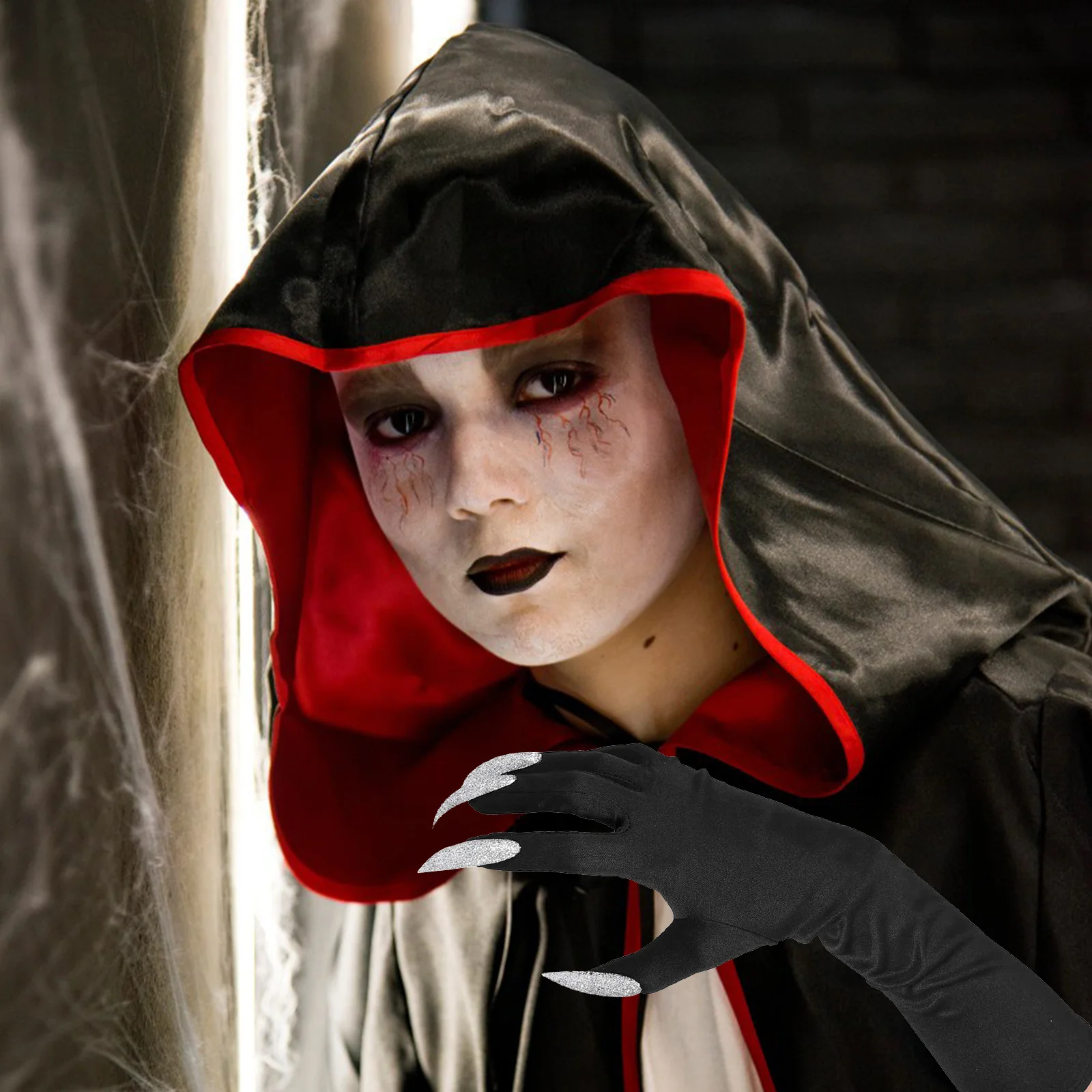 1 Pasang Sarung Tangan Hitam Panjang Premium Elastis Sarung Tangan Penuh Jari Aksesoris Kostum Untuk Pesta Halloween Sarung Tangan Menyeramkan