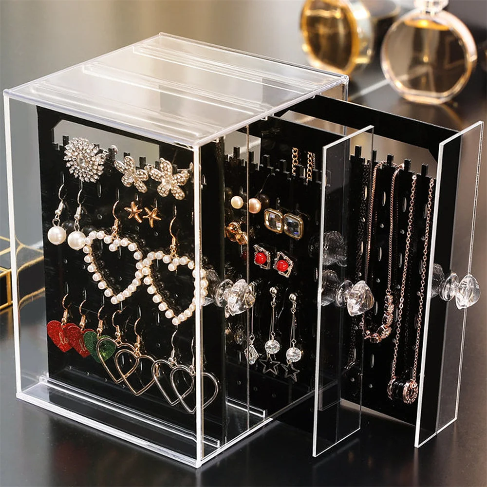 Clear 3 Drawer Jewelry Storage Box Acrylic Earrings Holder Organiser Necklace Dust-proof Hanging Rack Jewelry Display Stand