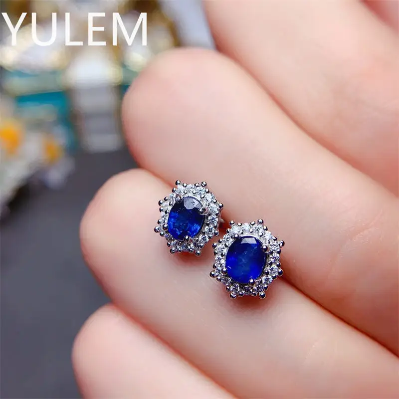 100% Genuine Sapphire Stud Earrings 4 Mm* 5mm Dark Blue Sapphire Gemstone Earrings Simple 925 Silver Sapphire Earrings for Girl view 3