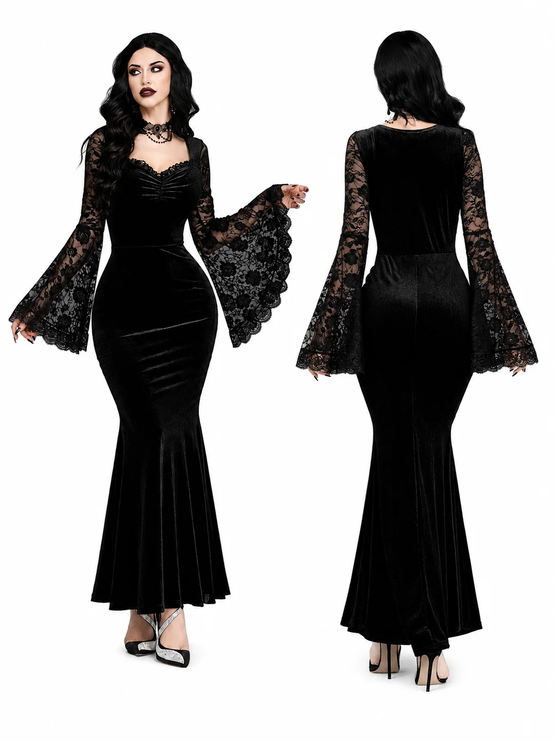 Gothic Velvet Mermaid Dress with Lace Sleeves