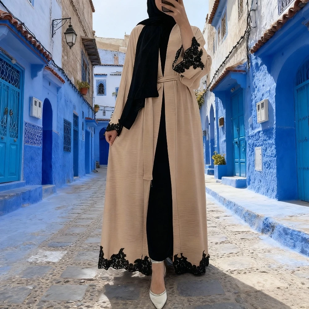 طقم نسائي مكون من قطعتين فستان دانتيل عباية سترة متواضعة أطقم إسلامية فيستدوس عربي طويل رداء رمضان دبي جلابية قفطان المغرب #1