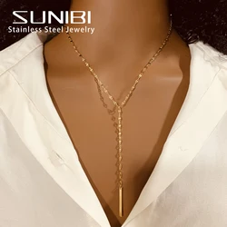 SUNIBI 316L Stainless Steel Pendant Necklace for Women Simple Long Lariat Chain Vertical Minimalist Bar Dangle Necklaces Jewelry