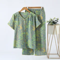 Short Sleeve Calf-Length Pants Jacquard Printed Comfortable Cotton V-neck Nightwear Pajama Set for Women Spring and Summer Wear
