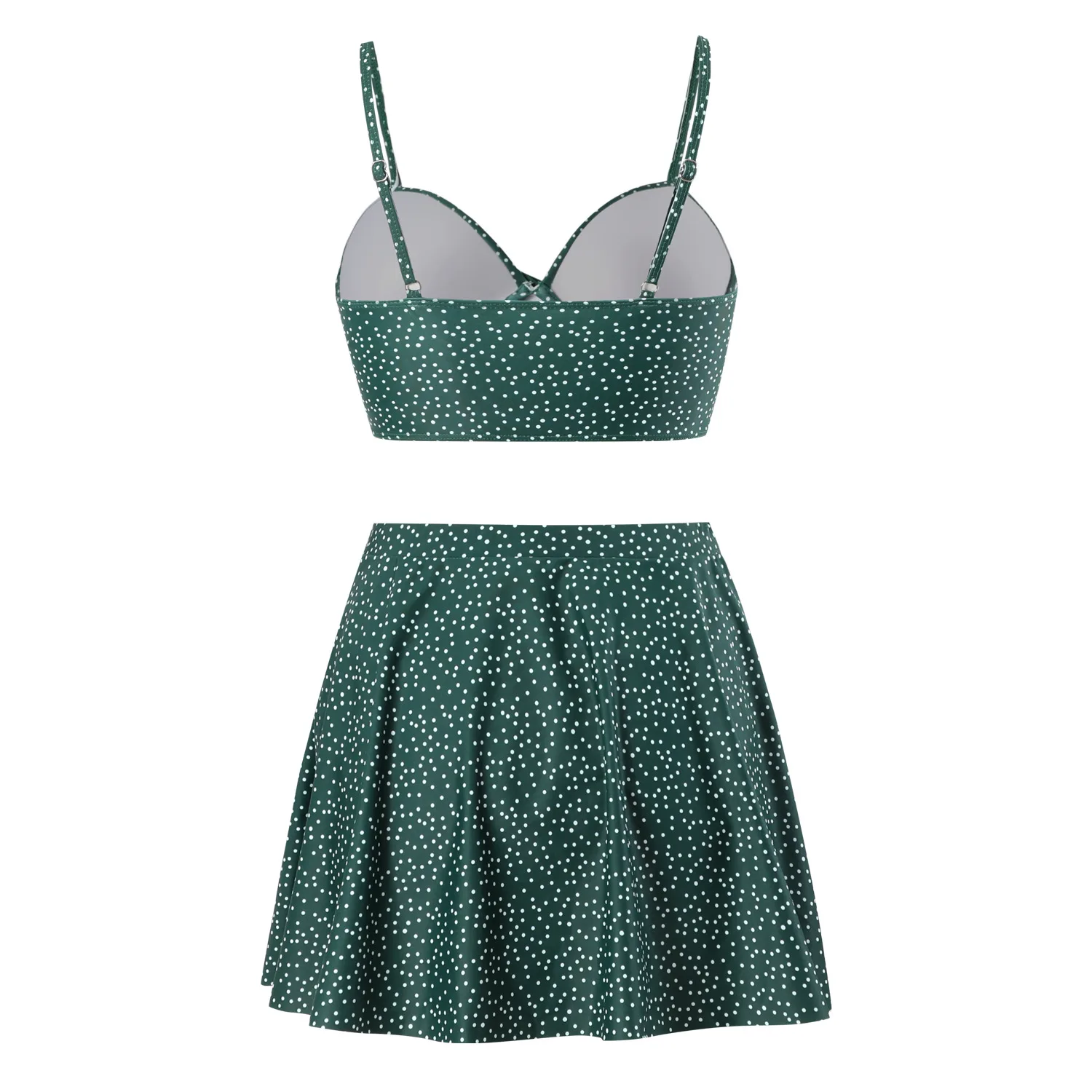 Ensemble Bikini à pois vert foncé pour femmes, haut croisé sur le devant avec jupe inférieure pour les vacances à la plage, maillot de bain