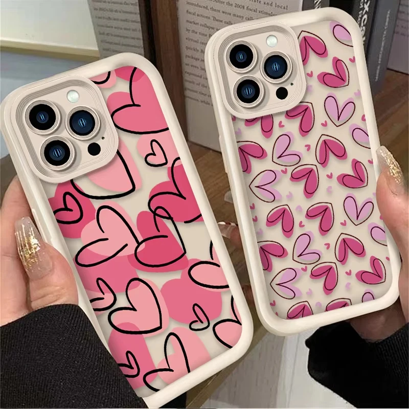 

Full Screen Pink Love Heart Phone Case For iPhone 16e 16 Pro Max 15 14 Plus 13 12 Mini 11 Pro Shockproof Silicone Back Cover