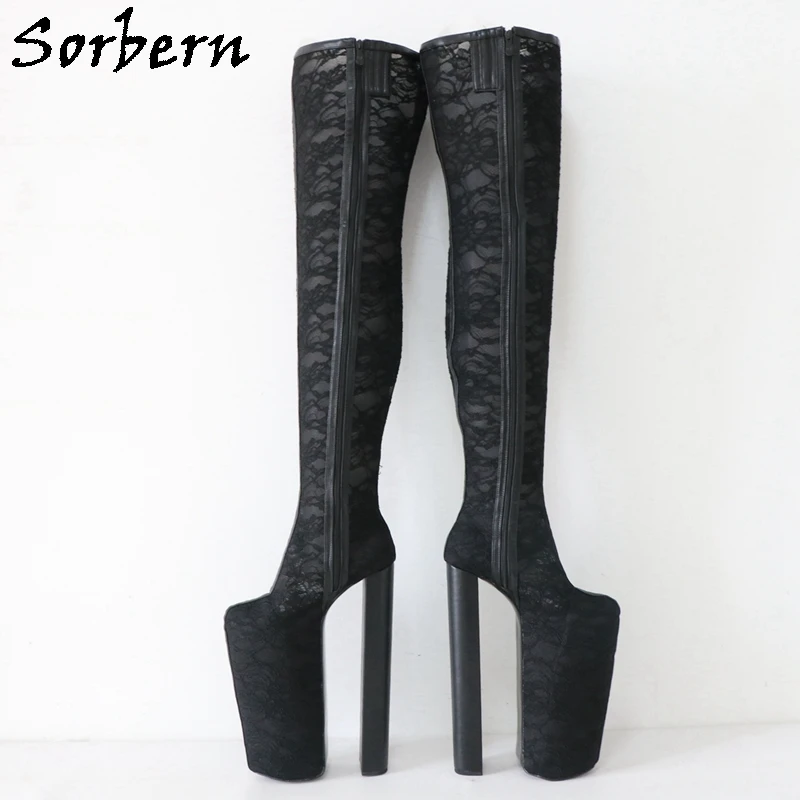 Sorbern 30Cm Block Heel Women Boots Black Lace Over The Knee Platform Shoes Custom Fetish Drag Queen Boot Cosplay Heeled