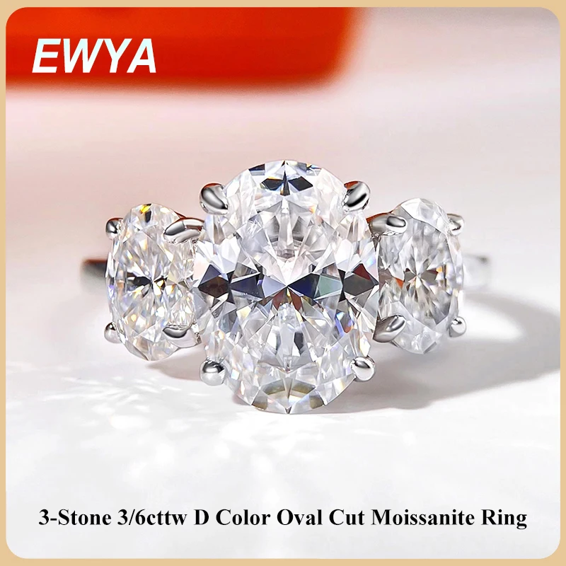 

EWYA 3-Stone Oval Cut Moissanite Engagement Ring 3/6cttw For Woman 925 Silver GRA Certified Diamond Wedding Band Party Rings