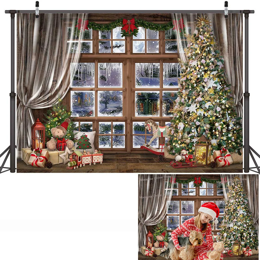 ريفي الخشب عيد الميلاد غرفة خلفية ديكور الشتاء الأسرة صورة التصوير الفوتوغرافي الموقد نافذة الثلوج العجائب خلفية الصورة