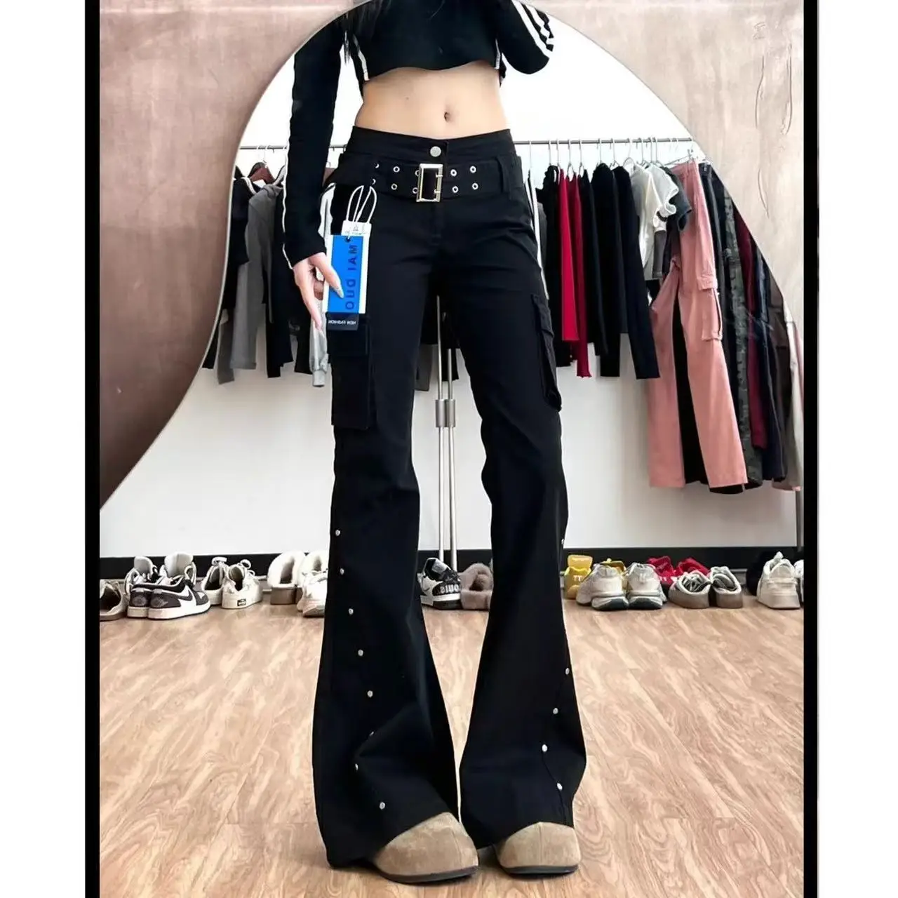 

Willow Nails Low Rise Flare Pants Black Y2K with Belt Long Trousers Vintage Korean Fashionable Slimming Goth Pantalones