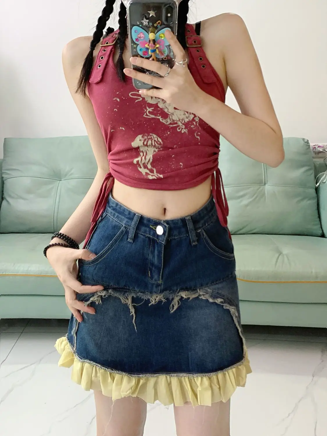 2024 Sweet and Spicy Cowboy Skirt Women's Summer High Waist Slim Design Feeling Small and Irregular Lace Flower Bud Skirt